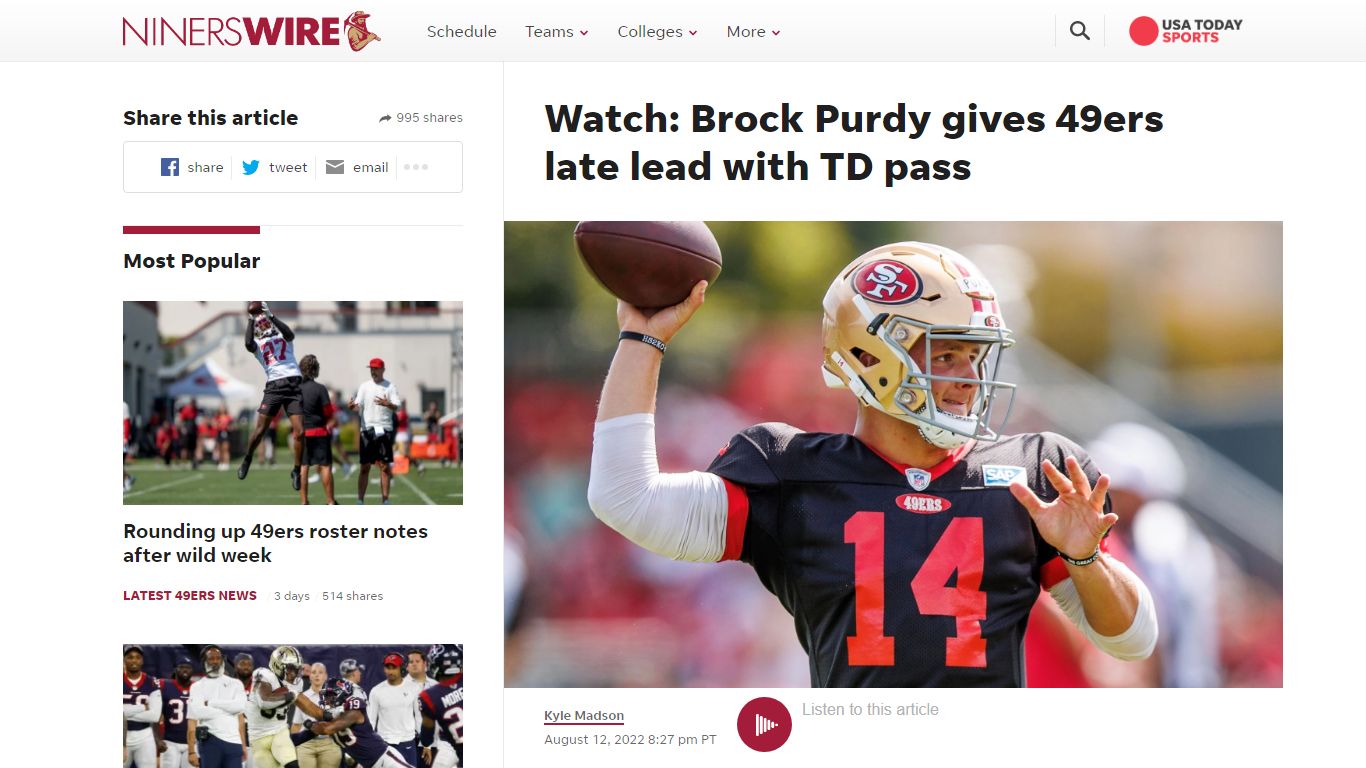 Watch: Brock Purdy gives 49ers late lead with TD pass